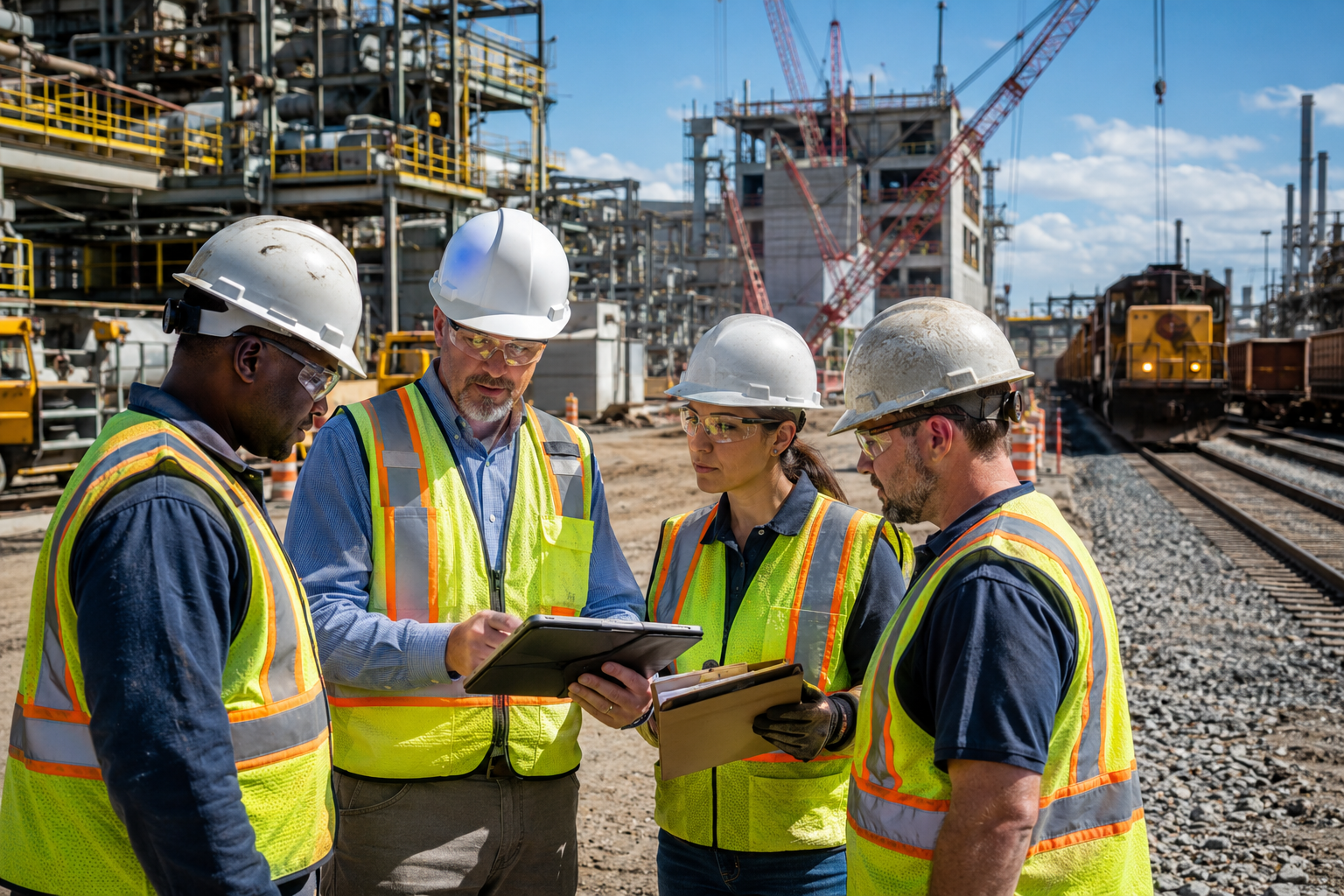 Prime contractor conducting contractor oversight activities at a manufacturing, construction, and railroad project.