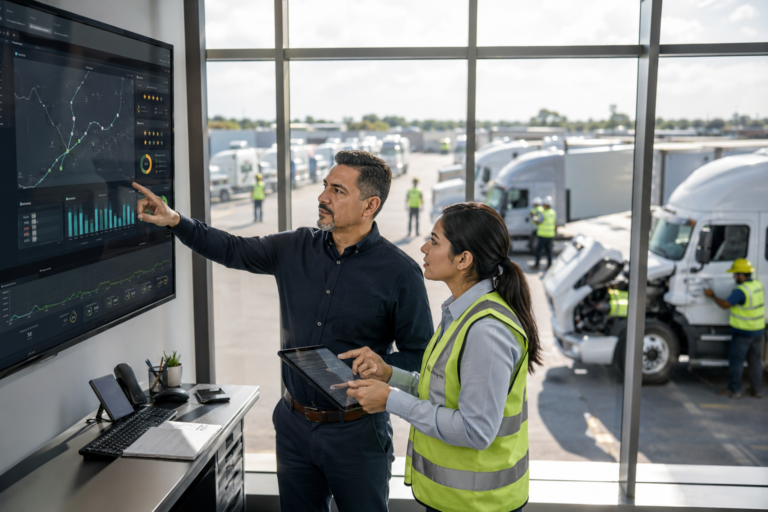 Fleet safety manager reviewing telematics safety governance dashboard in logistics operations center
