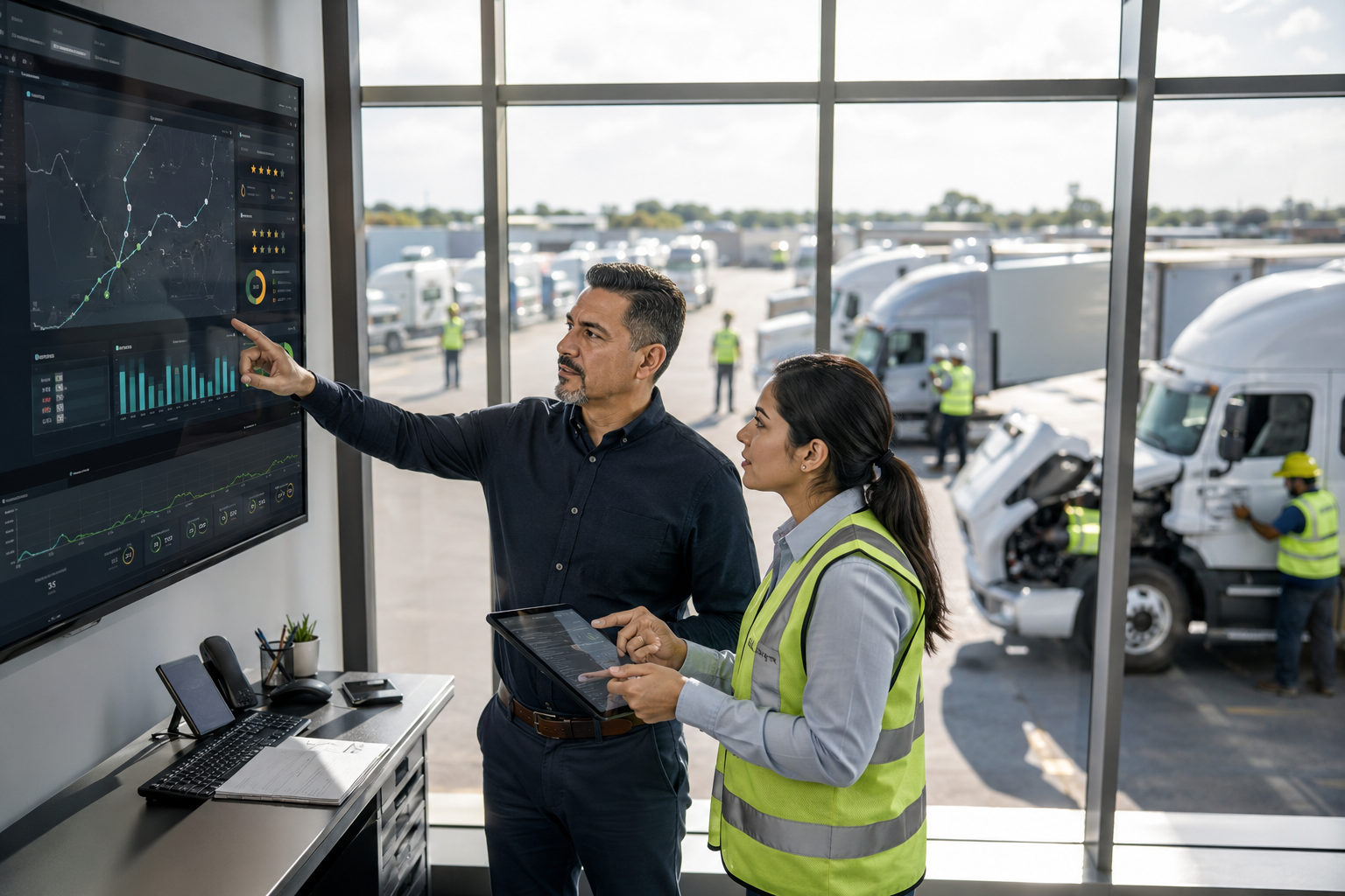 Fleet safety manager reviewing telematics safety governance dashboard in logistics operations center