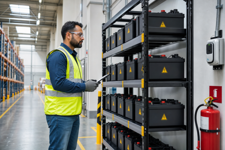EHS professional inspecting labeled lithium-ion battery storage rack in warehouse