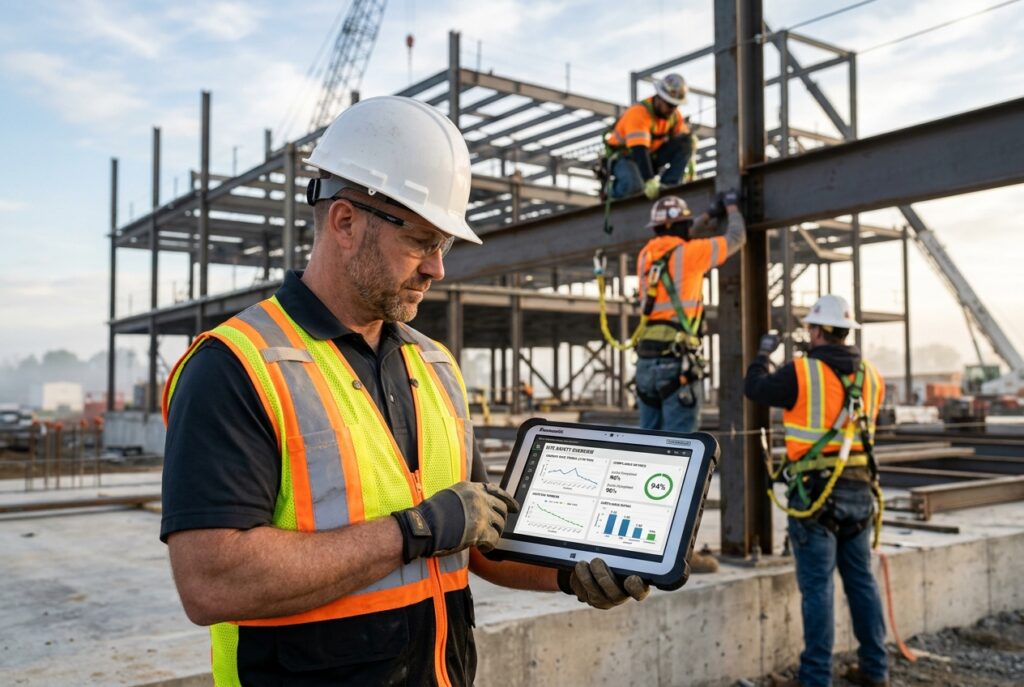 Construction safety manager reviewing ESG safety performance data, Key Safety LLC