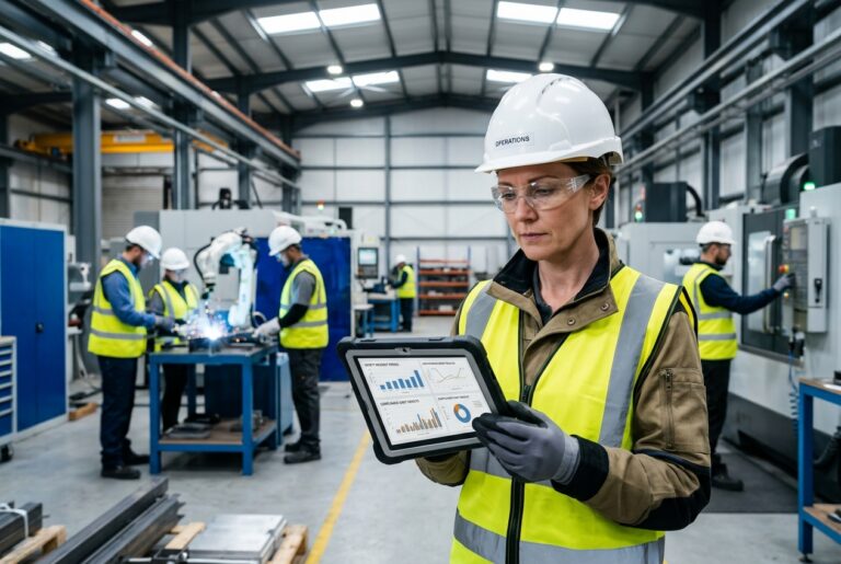 Manufacturing plant manager reviewing safety data linked to investor confidence, Key Safety LLC