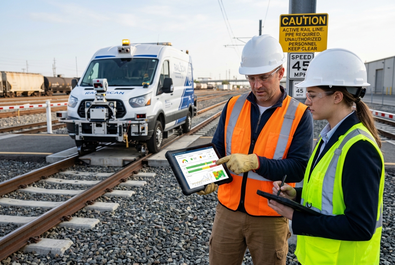 Railroad inspector and data analyst reviewing AI-based incident prediction dashboard for track safety