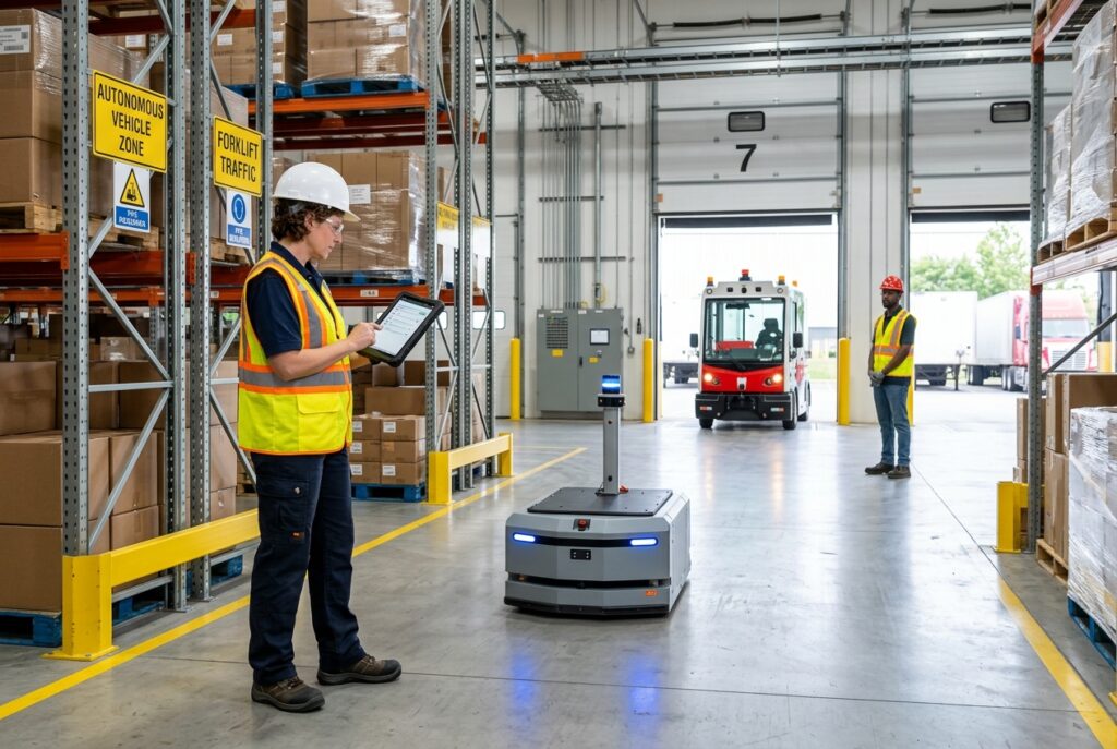 Logistics supervisor monitoring autonomous mobile robot for autonomous systems and safety governance