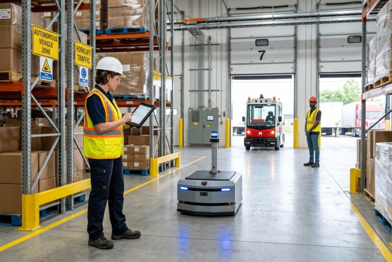 Logistics supervisor monitoring autonomous mobile robot for autonomous systems and safety governance