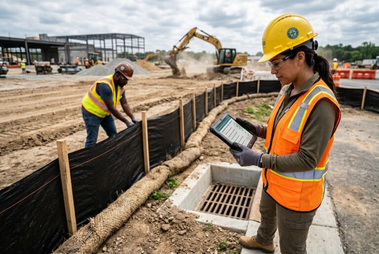 Construction supervisor inspecting stormwater erosion controls for environmental compliance and brand exposure