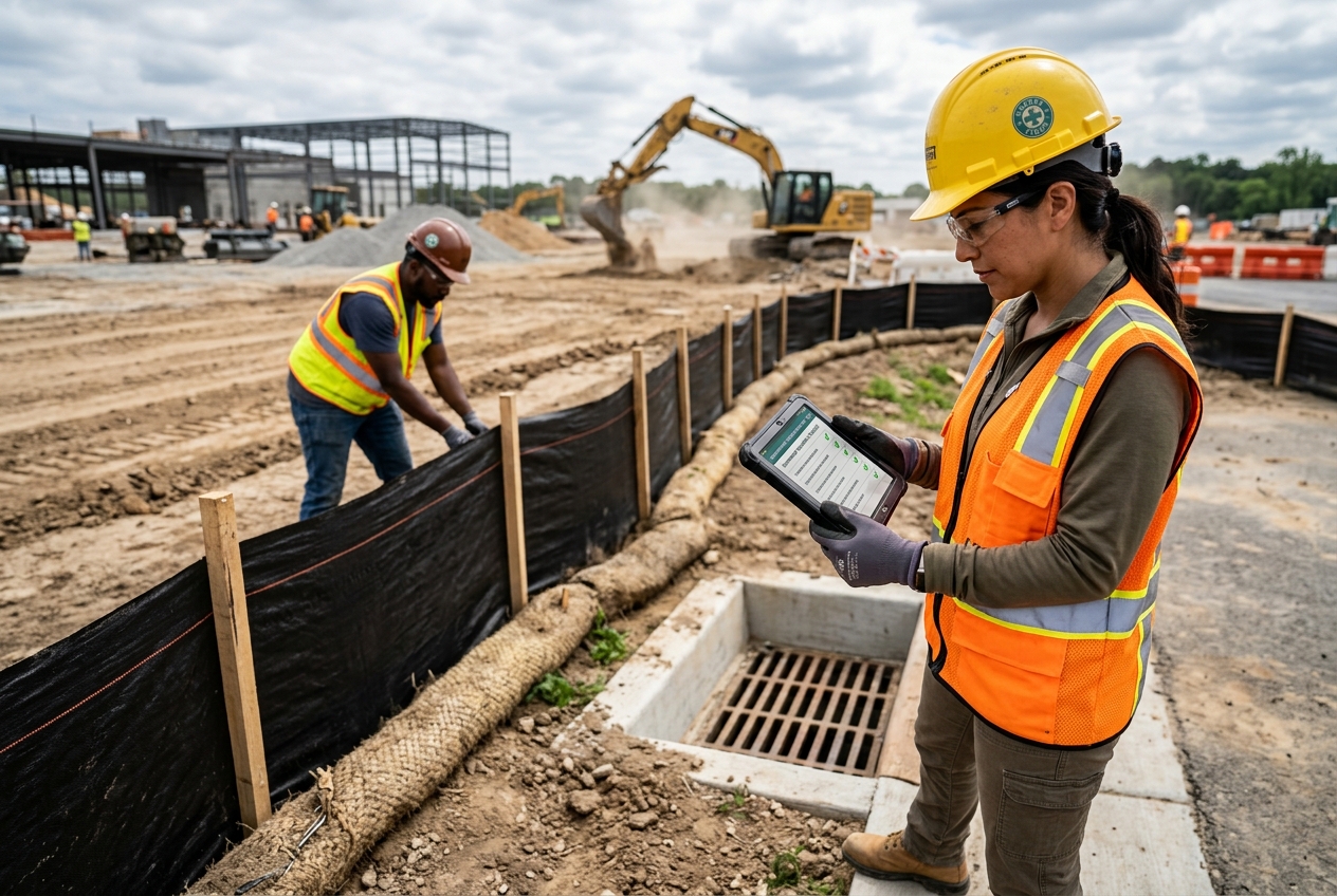 Construction supervisor inspecting stormwater erosion controls for environmental compliance and brand exposure
