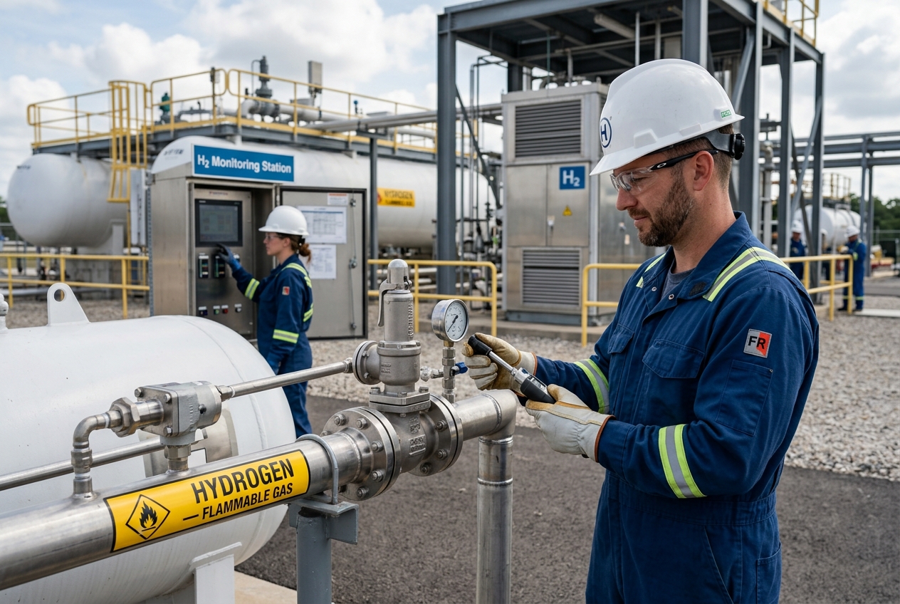 Oil and gas technician inspecting hydrogen storage system for hydrogen and ammonia safety challenges