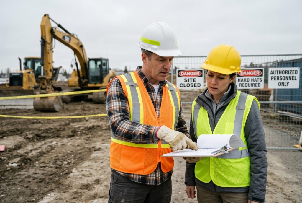 Construction supervisor and owner reviewing compliance documents beside idle equipment at a halted job site