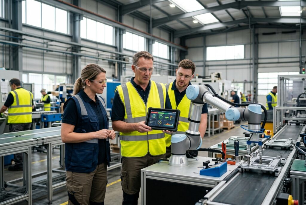 Safety leader reviewing automation safety data beside collaborative robot on manufacturing floor